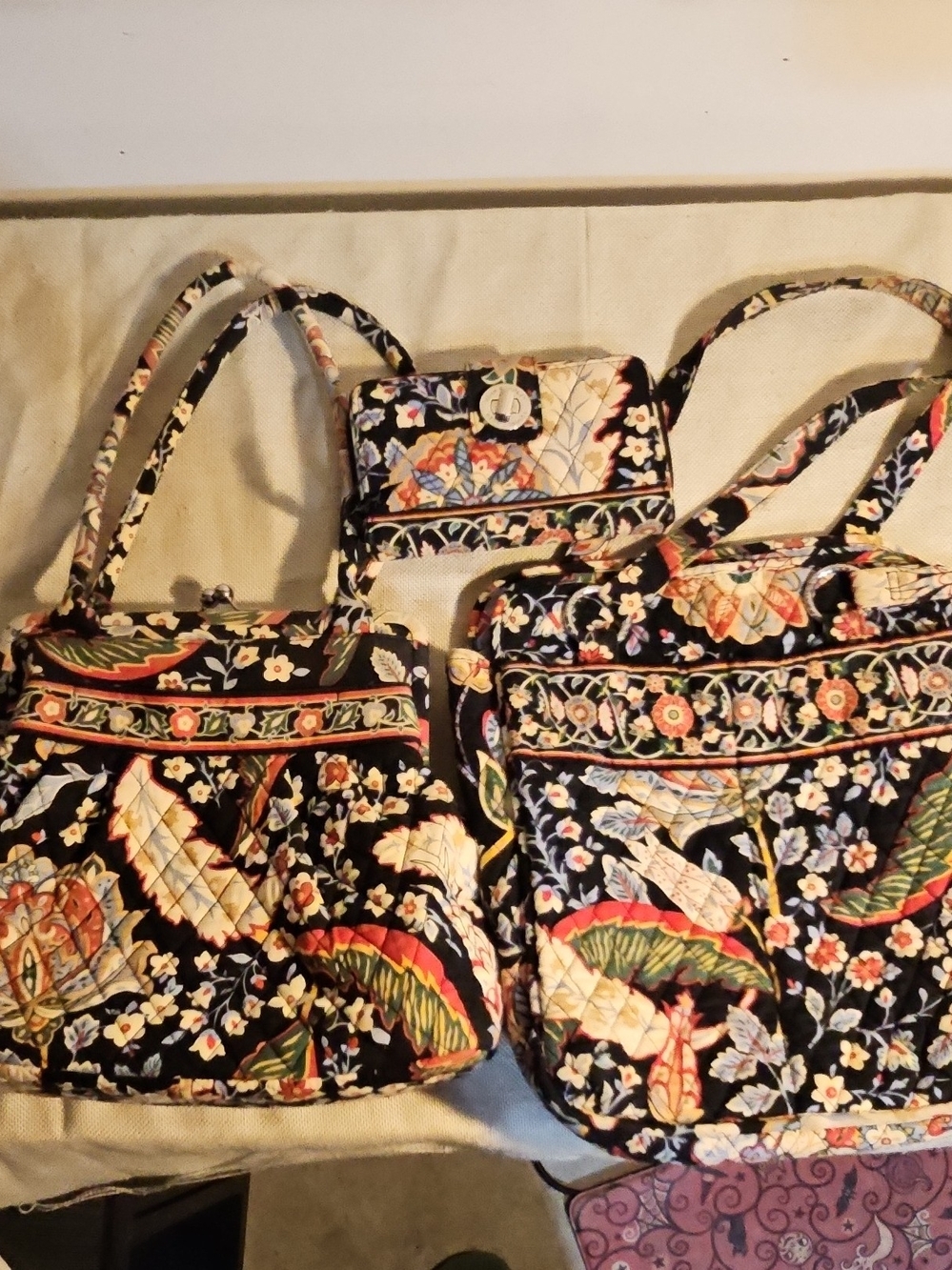 Vera Bradley Black Quilted Floral Shoulder Bags and Wristlet Set